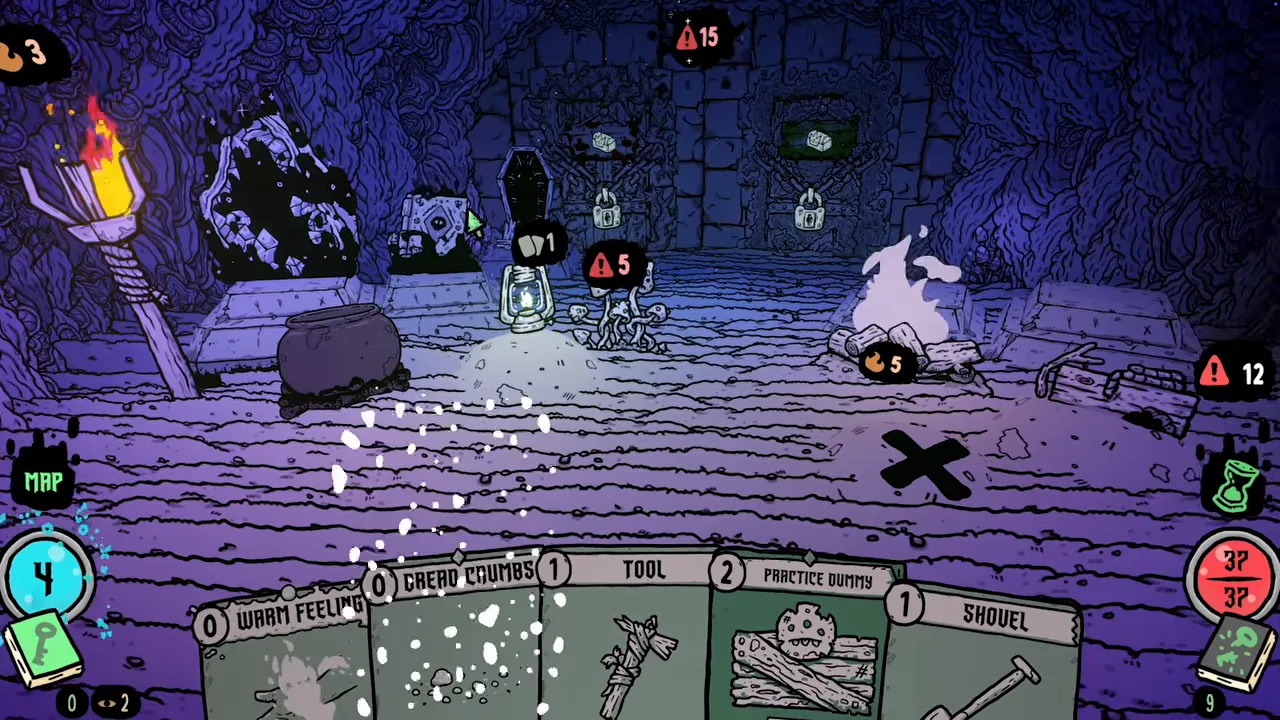 A purple camp with a cooking pot, a lantern and a campfire, and a Practice Dummy card in hand