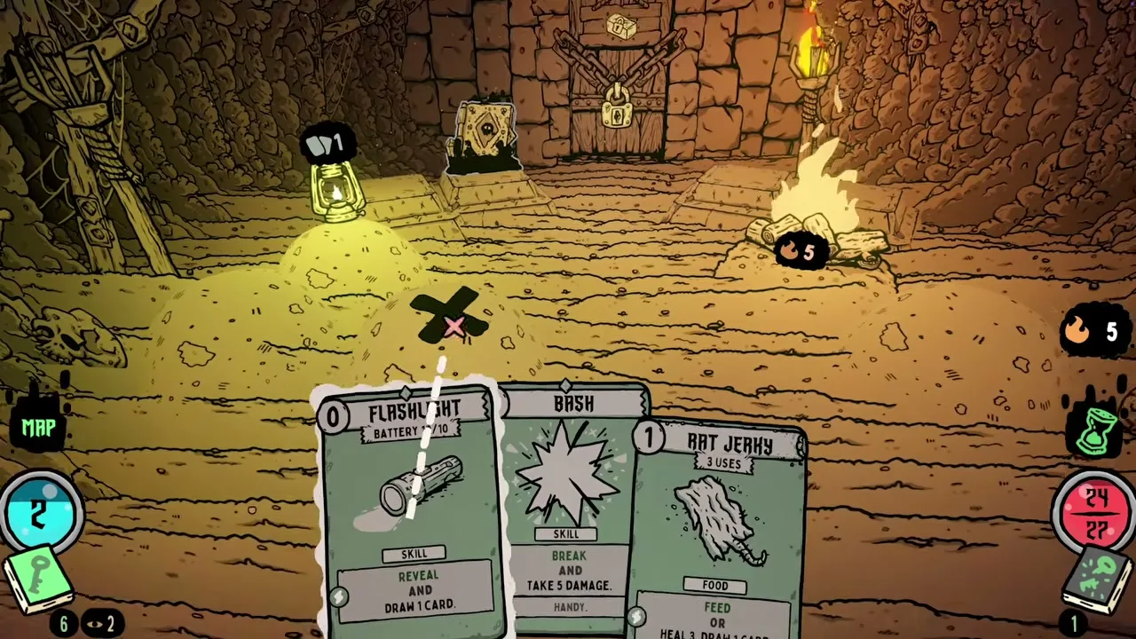 A lantern and a lit campfire in a sandy chamber above an explore hand of three cards