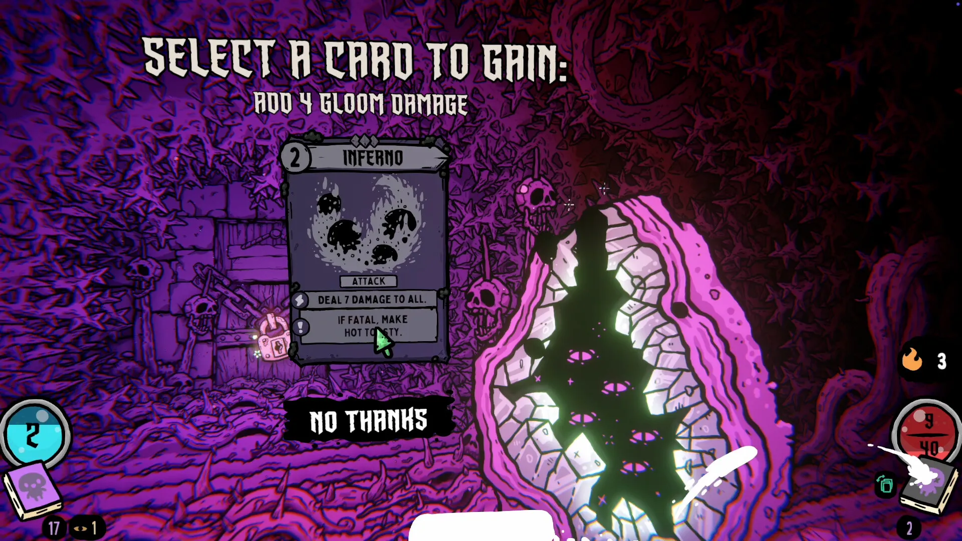 A card reward screen reading Select a card to gain, add 4 gloom damage, offering an Inferno card