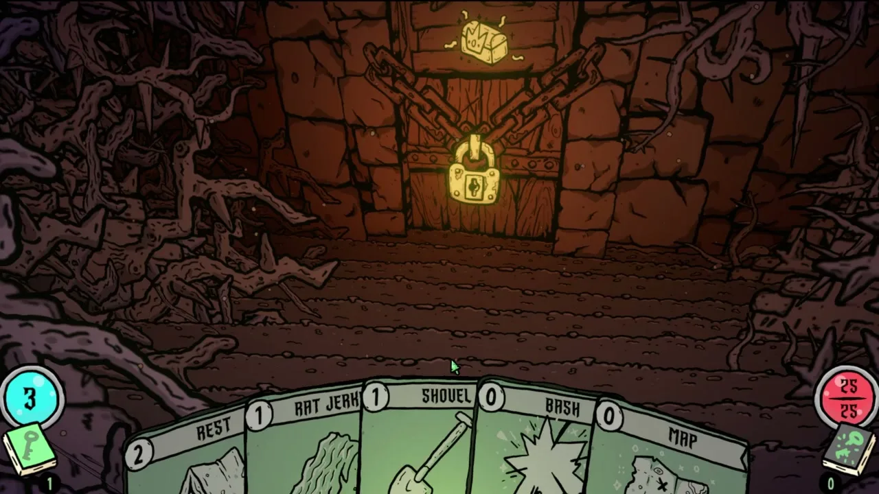 A chained, padlocked door in a brick wall, with an explore hand of five cards below it