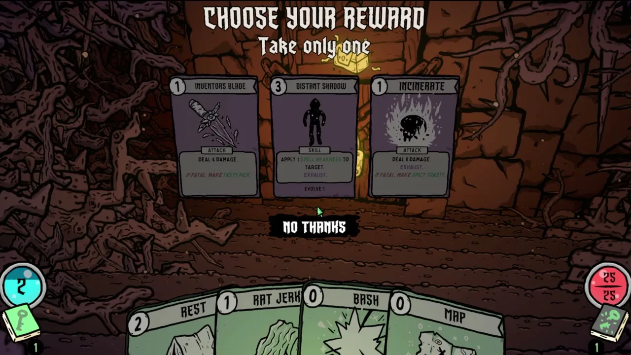 A Choose your reward screen offering three cards above an explore hand