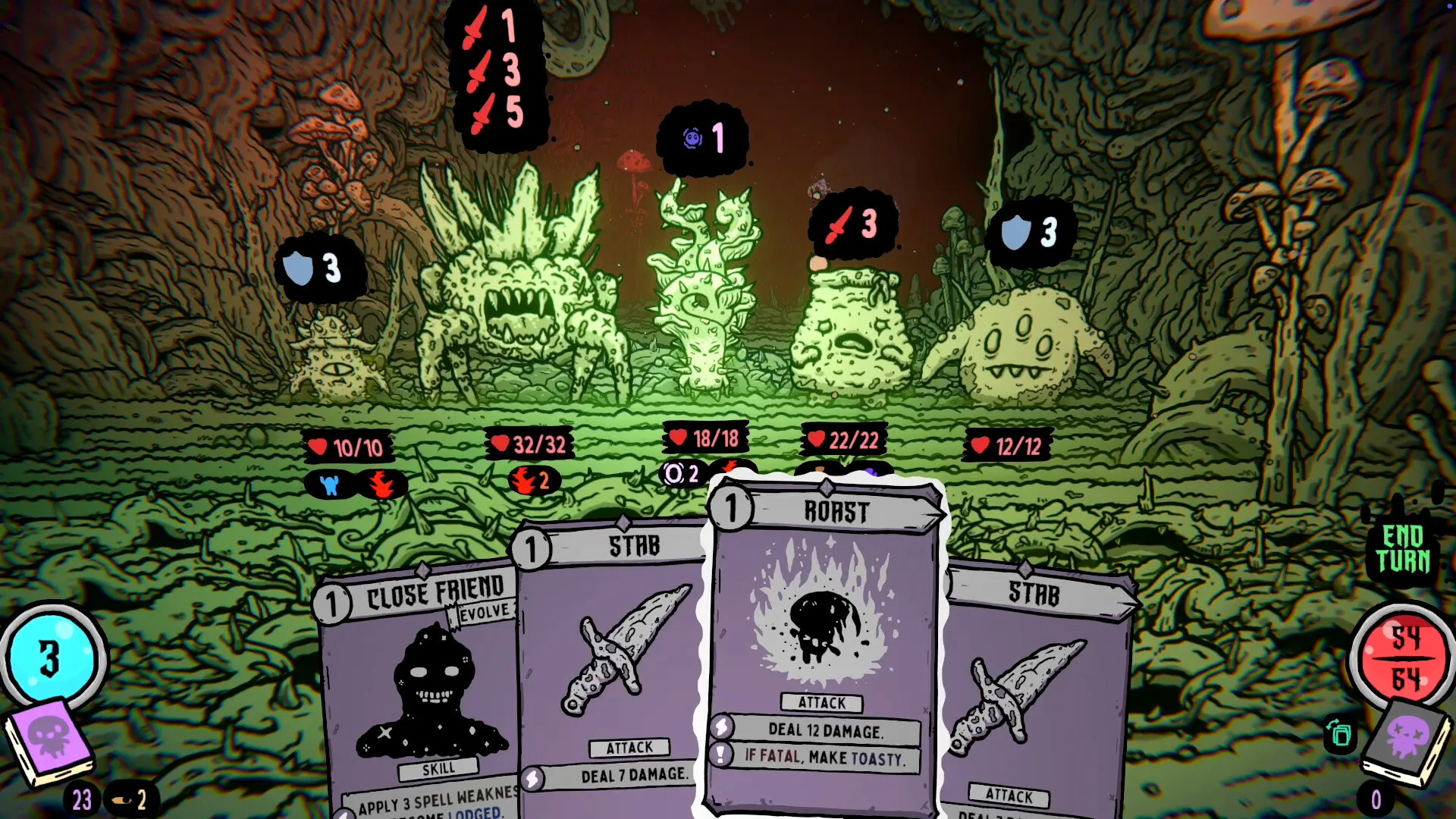 Five fungal creatures in a green cave, each with health and intent icons, above a combat hand
