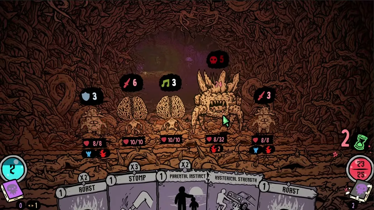 A fight against five creatures with a combat hand of five cards