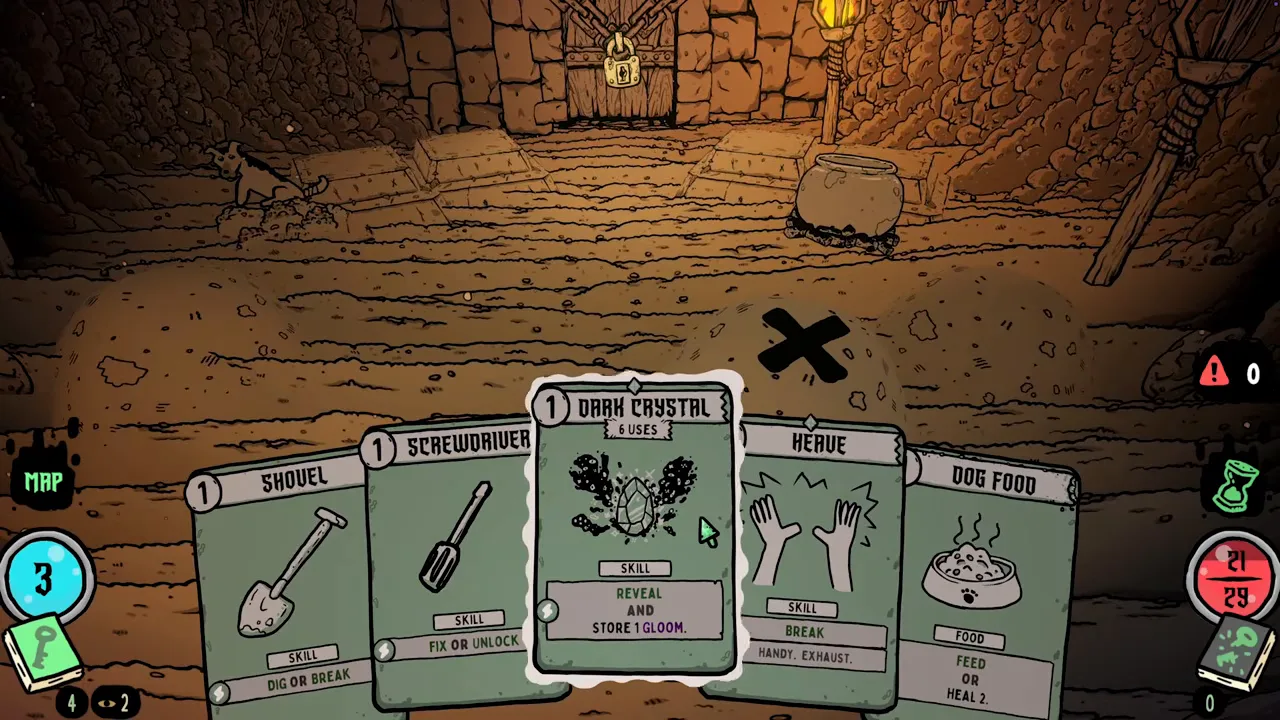 A Dark Crystal card reading Reveal and store 1 gloom, raised from an explore hand