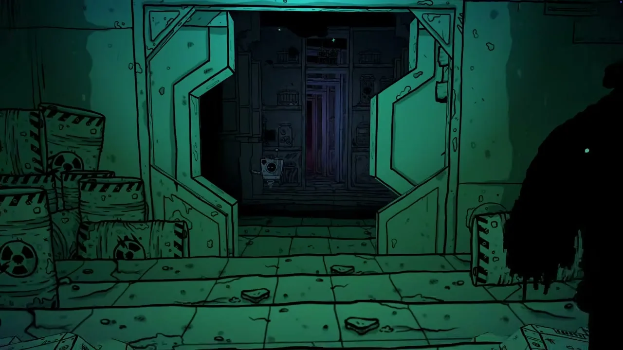 A teal metal doorway opening onto a lit room, with a dark figure at the right edge