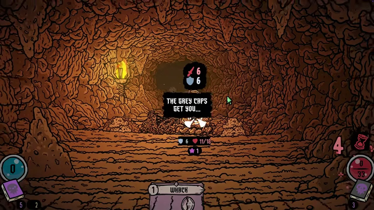 An orange cave with a message above a creature and a Whack card in hand