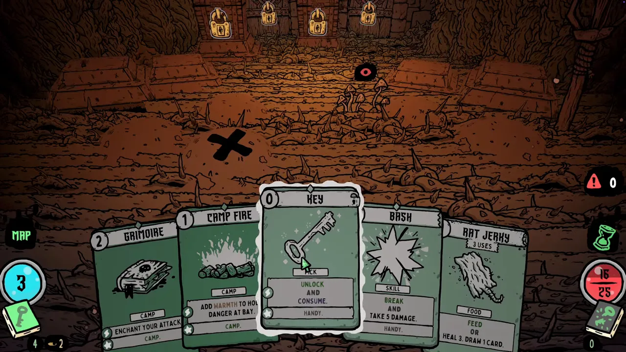 An orange room with padlocked doors and a hand of five cards starting with Grimoire