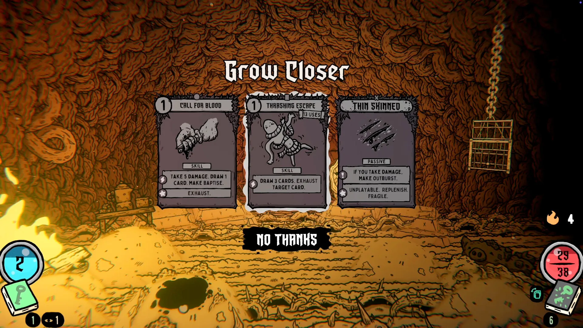 A Grow Closer screen offering a choice of three cards with a No Thanks button