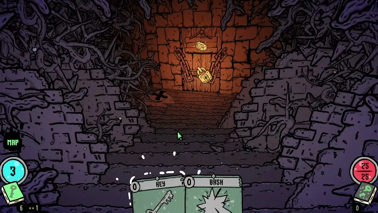 A padlocked door at the end of a purple stone passage, with Key and Bash cards in hand