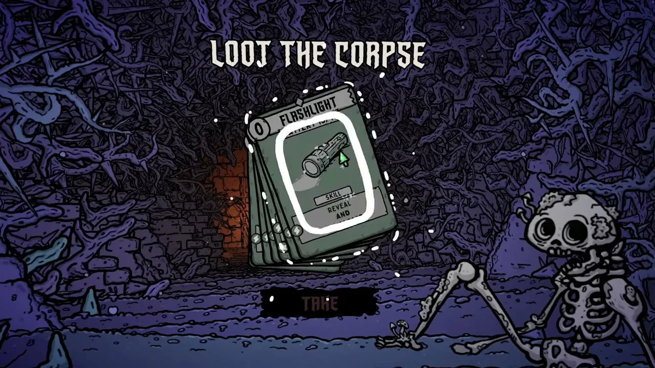 A Loot the corpse prompt offering a Flashlight card beside a skeleton