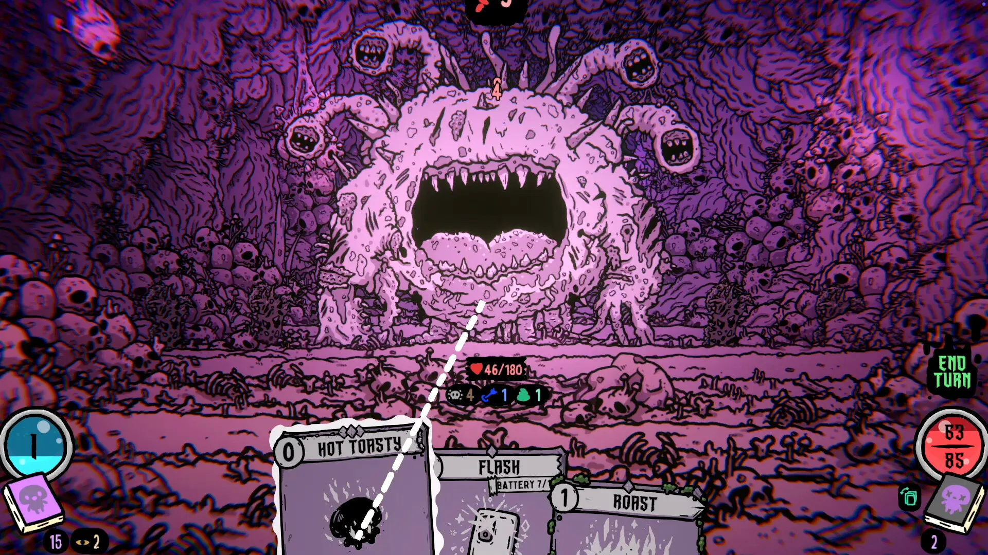 A huge pink creature with many eyes and a gaping mouth, facing a combat hand