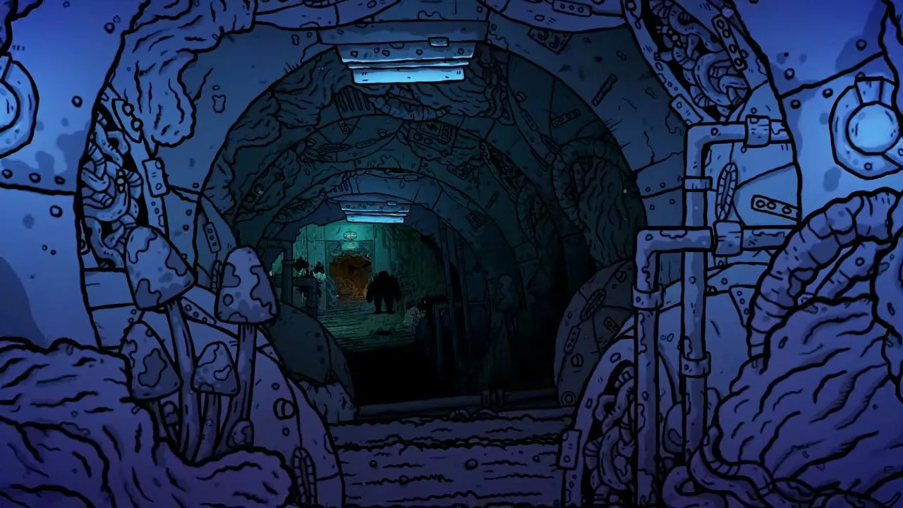 A ribbed metal tunnel lit by ceiling strips, with two figures at the far end