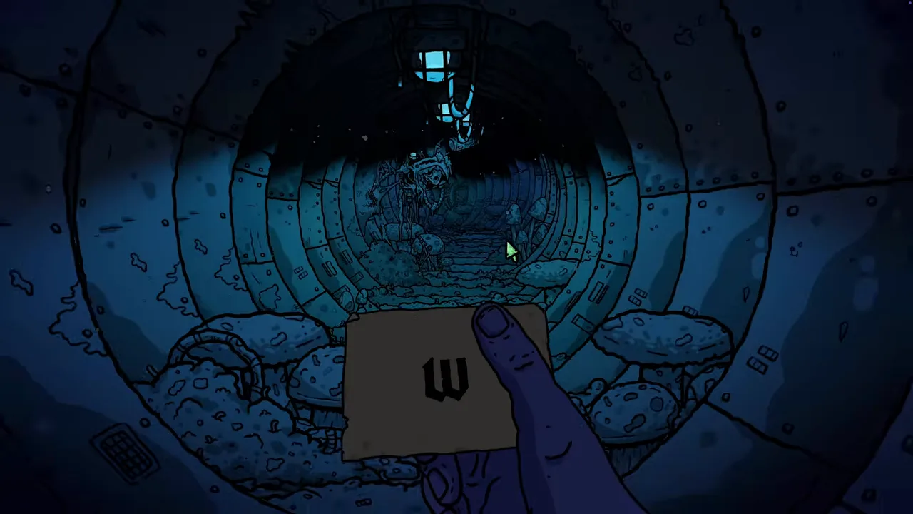 A blue ribbed tunnel with a hand holding up a card marked W