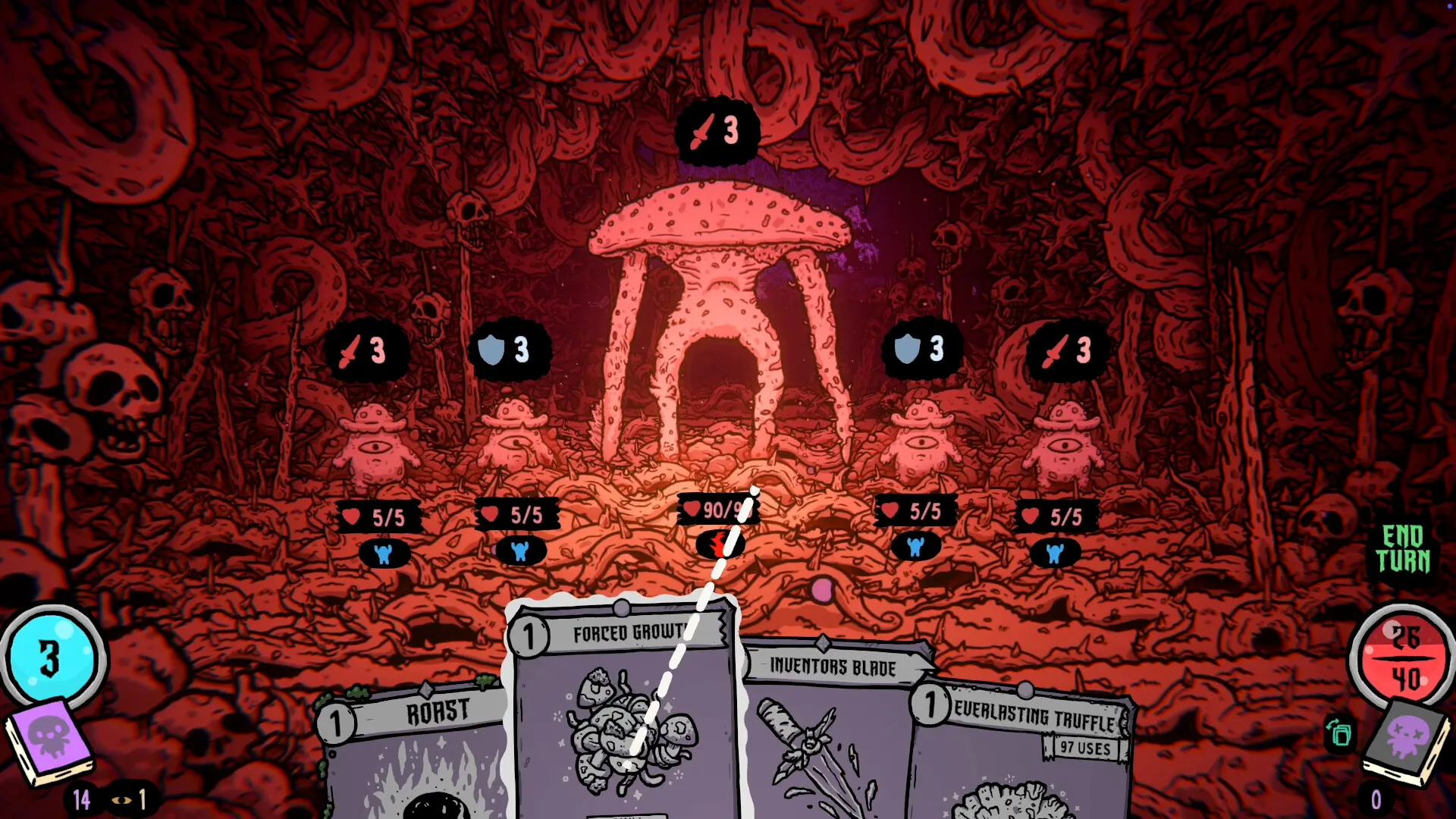 A red cavern fight against a tall long-legged mushroom and four smaller creatures