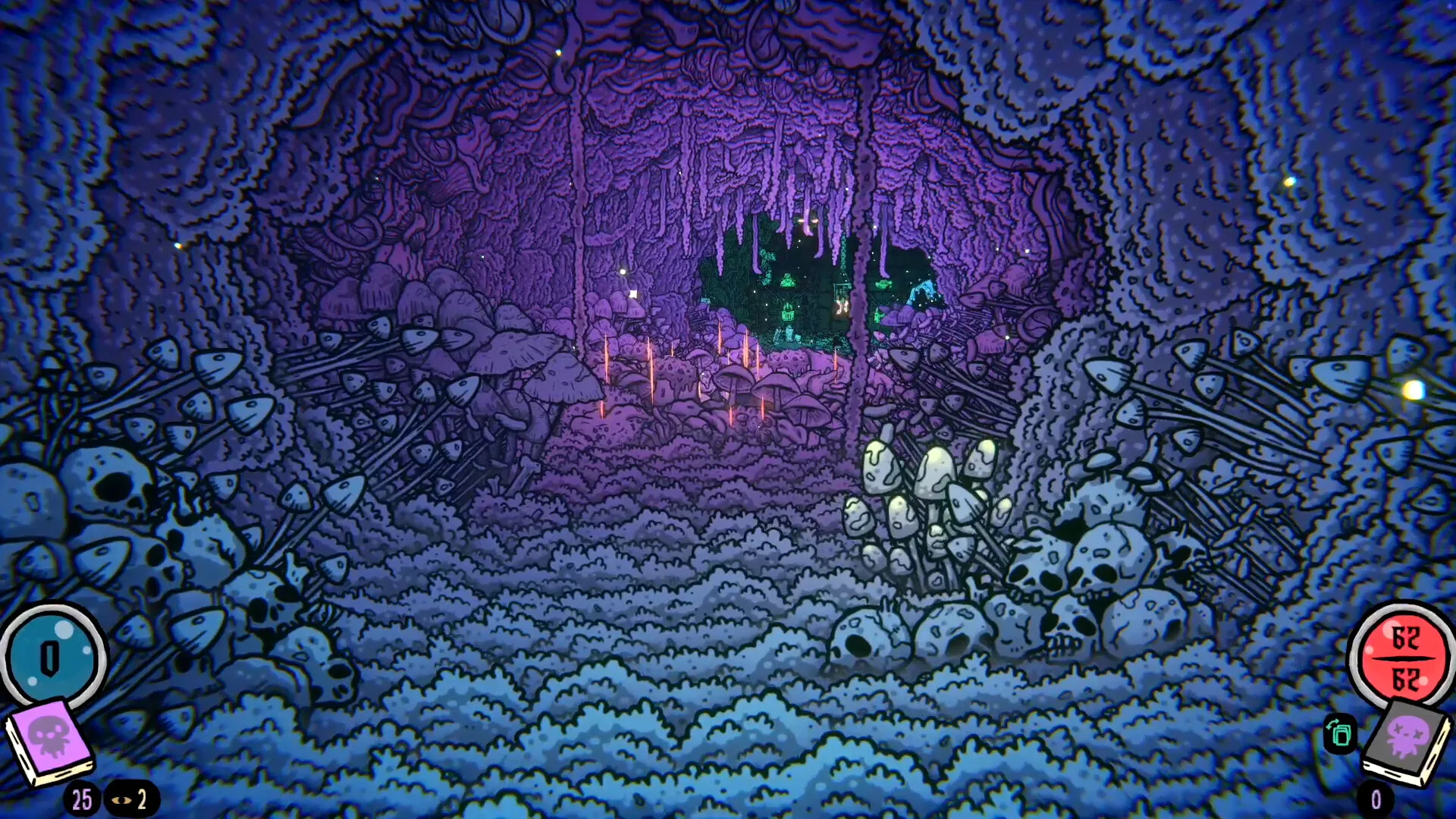 A purple cave passage lined with skulls and small mushrooms with no cards in hand