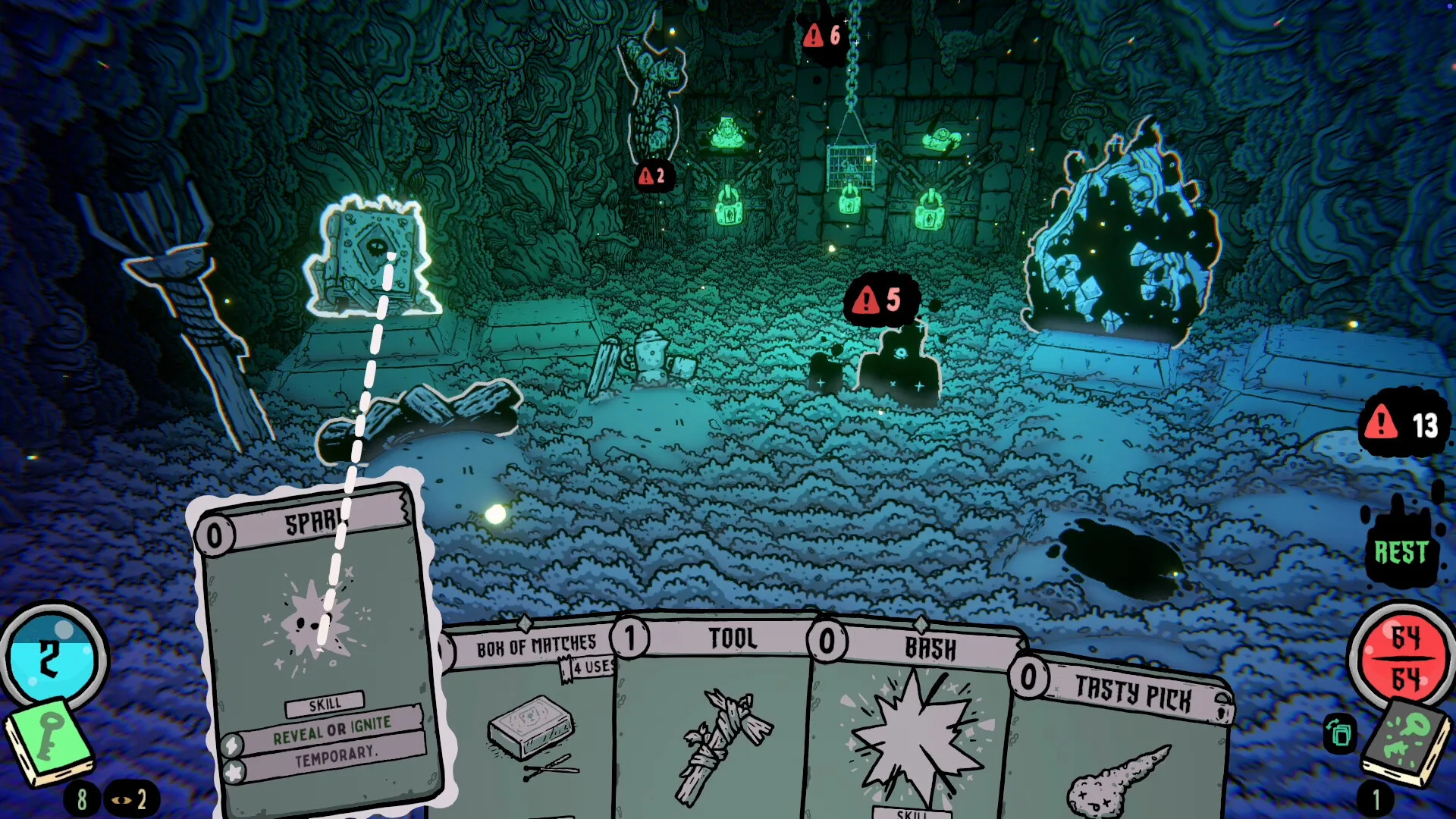 A teal cavern with an explore card aimed at an object and a Rest button on the right