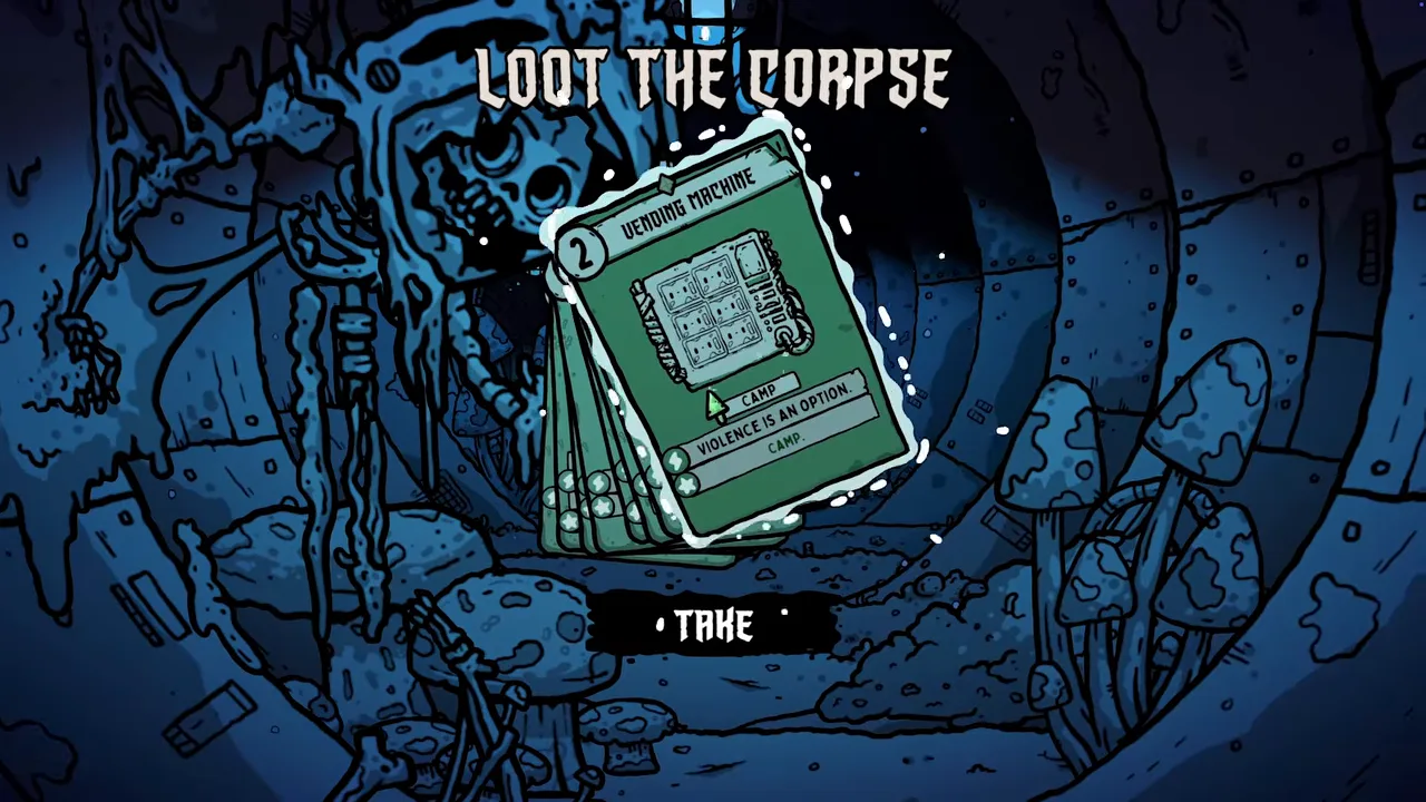 A Loot the corpse prompt in a blue ribbed tunnel offering a Vending Machine camp card